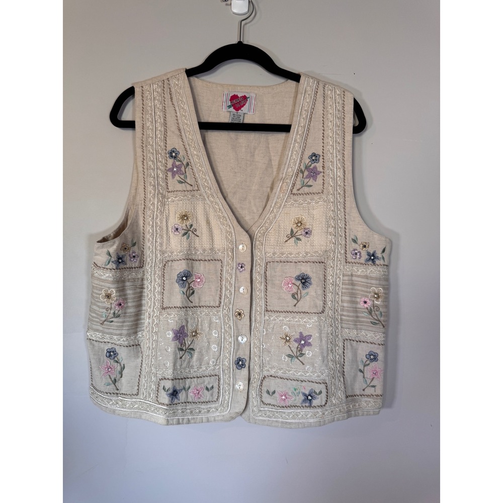 Keren Hart Vintage Floral Embroidered Linen Blend Vest Beige Cottagecore Medium